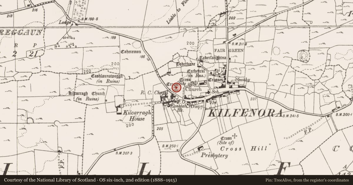 Ordnance Survey six-inch map, 2nd edition (1888–1915) covering the location of Cross - High cross, Kilcarragh, County Clare, with a pin at the register's coordinates