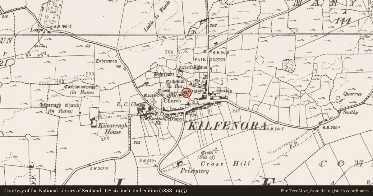 Ordnance Survey six-inch map, 2nd edition (1888–1915) covering the location of Cross - High cross, Kilfenora, County Clare, with a pin at the register's coordinates