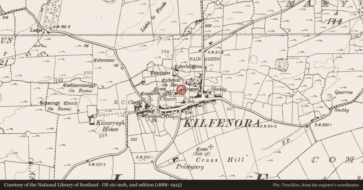 Ordnance Survey six-inch map, 2nd edition (1888–1915) covering the location of Cross - High cross, Kilfenora, County Clare, with a pin at the register's coordinates