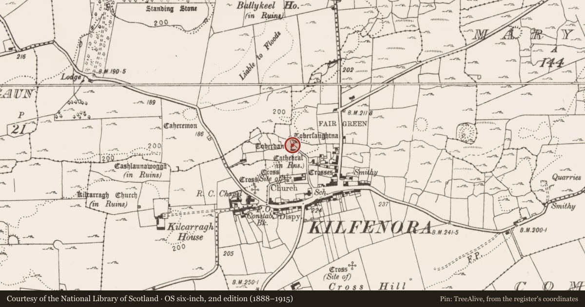 Ordnance Survey six-inch map, 2nd edition (1888–1915) covering the location of Ritual site - holy well, Kilfenora, County Clare, with a pin at the register's coordinates