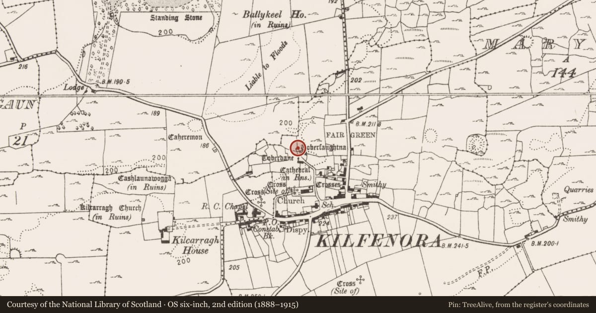 Ordnance Survey six-inch map, 2nd edition (1888–1915) covering the location of Ritual site - holy well, Kilfenora, County Clare, with a pin at the register's coordinates