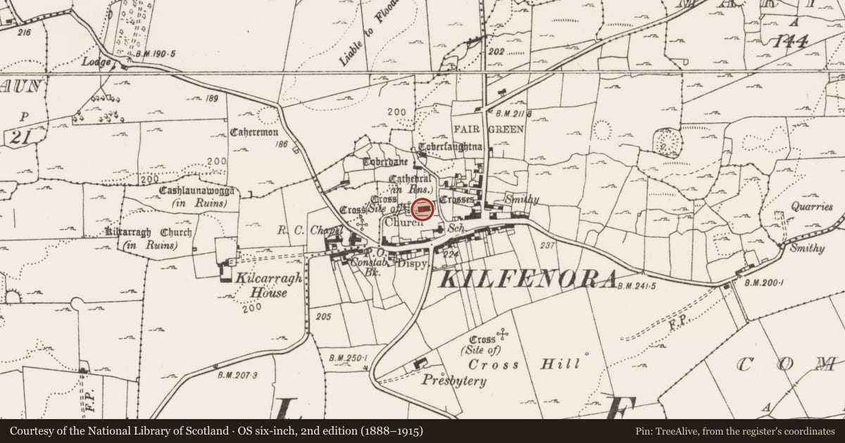 Ordnance Survey six-inch map, 2nd edition (1888–1915) covering the location of Tomb - effigial, Kilfenora, County Clare, with a pin at the register's coordinates