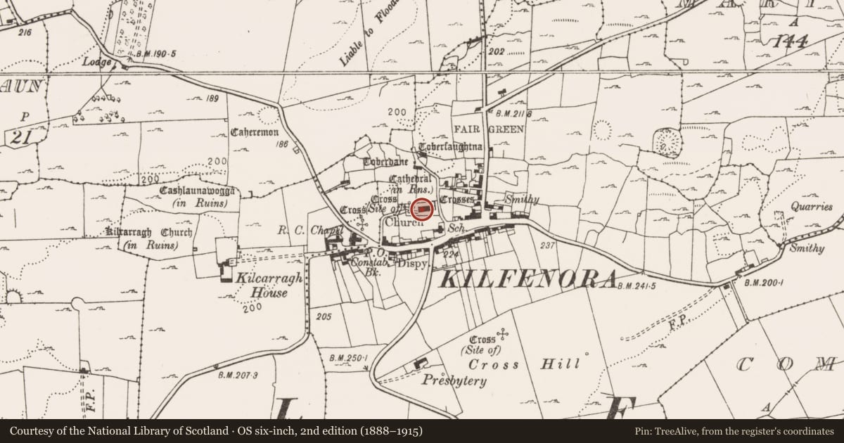 Ordnance Survey six-inch map, 2nd edition (1888–1915) covering the location of Tomb - effigial, Kilfenora, County Clare, with a pin at the register's coordinates