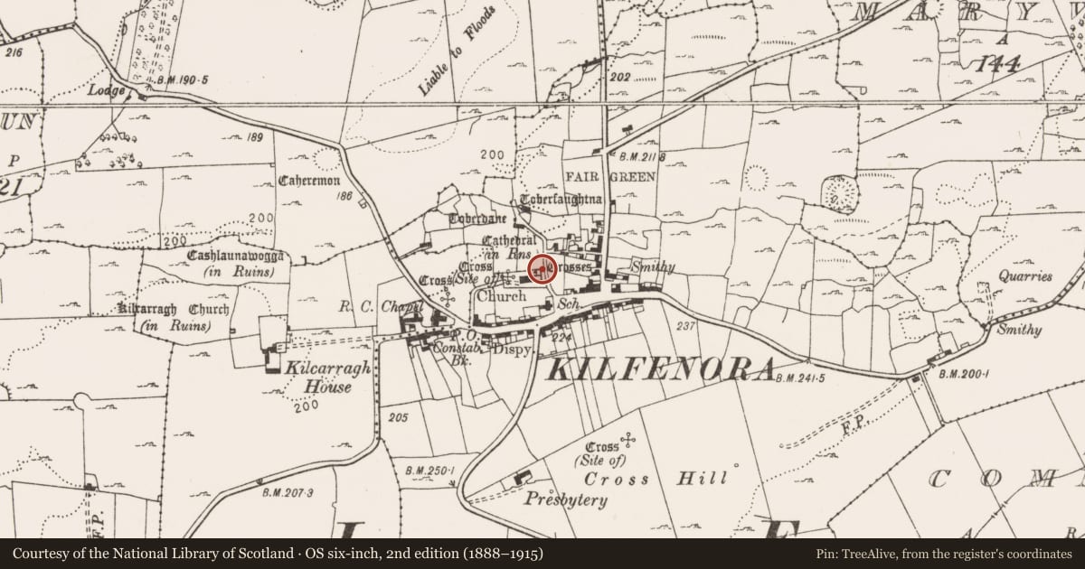Ordnance Survey six-inch map, 2nd edition (1888–1915) covering the location of Cross - High cross, Kilfenora, County Clare, with a pin at the register's coordinates