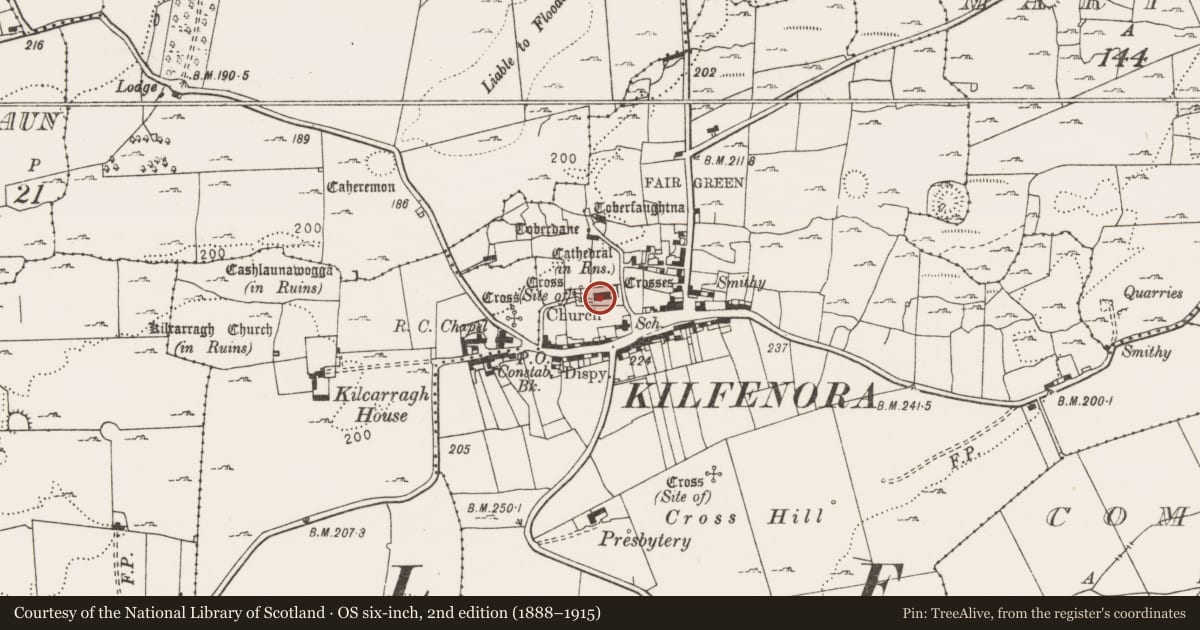 Ordnance Survey six-inch map, 2nd edition (1888–1915) covering the location of Tomb - effigial, Kilfenora, County Clare, with a pin at the register's coordinates