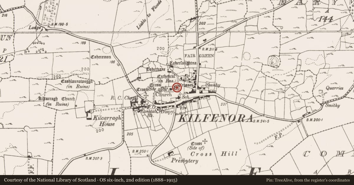 Ordnance Survey six-inch map, 2nd edition (1888–1915) covering the location of Wall monument, Kilfenora, County Clare, with a pin at the register's coordinates