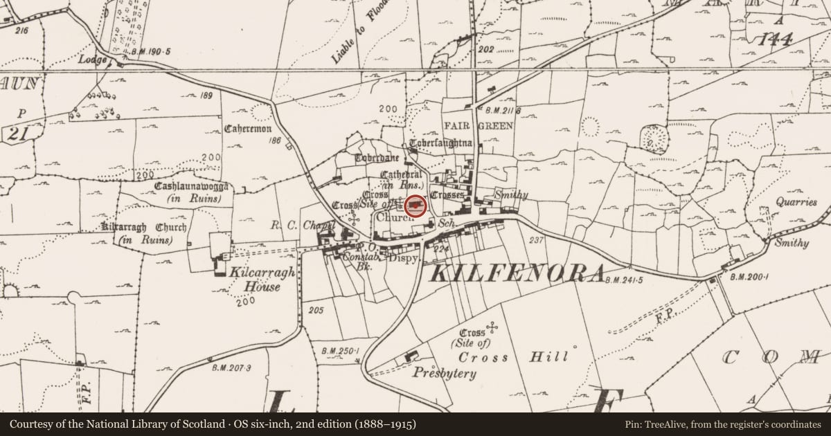 Ordnance Survey six-inch map, 2nd edition (1888–1915) covering the location of Font, Kilfenora, County Clare, with a pin at the register's coordinates