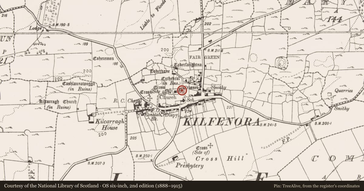 Ordnance Survey six-inch map, 2nd edition (1888–1915) covering the location of Graveslab, Kilfenora, County Clare, with a pin at the register's coordinates