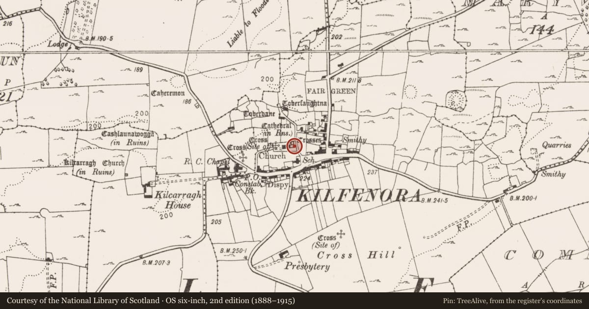Ordnance Survey six-inch map, 2nd edition (1888–1915) covering the location of Graveslab, Kilfenora, County Clare, with a pin at the register's coordinates
