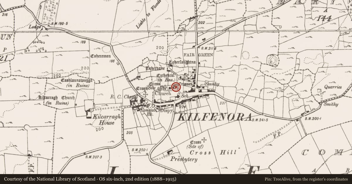 Ordnance Survey six-inch map, 2nd edition (1888–1915) covering the location of Cross - High cross, Kilfenora, County Clare, with a pin at the register's coordinates