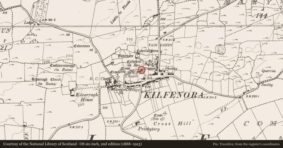 Ordnance Survey six-inch map, 2nd edition (1888–1915) covering the location of Cross - Churchyard cross, Kilfenora, County Clare, with a pin at the register's coordinates