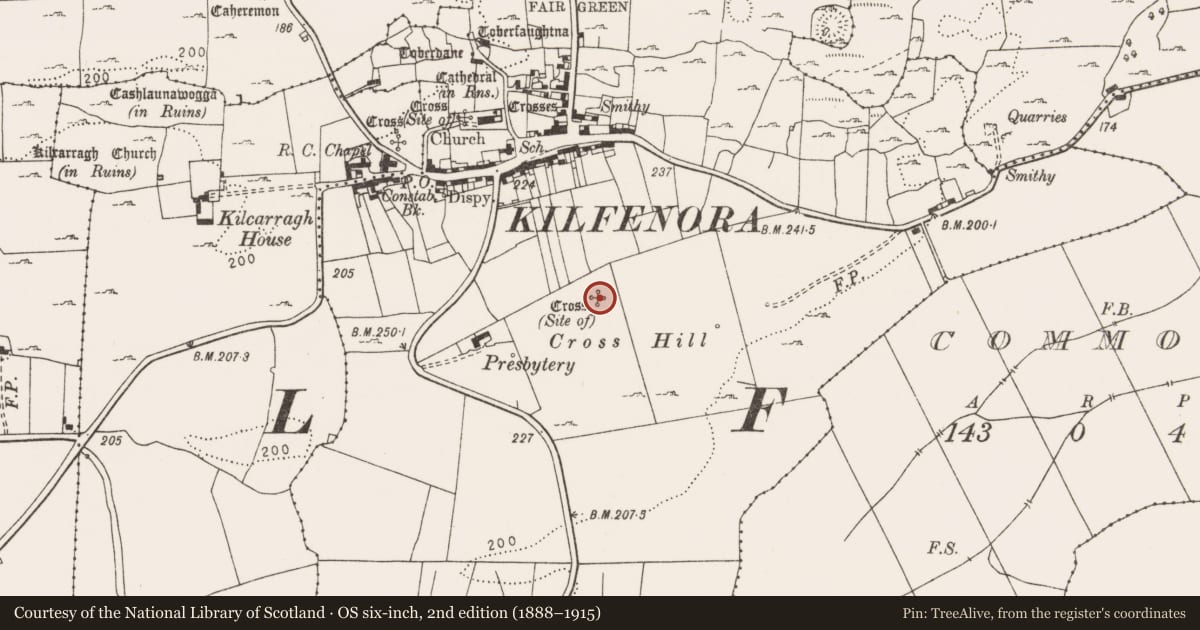 Ordnance Survey six-inch map, 2nd edition (1888–1915) covering the location of Cross, Kilfenora, County Clare, with a pin at the register's coordinates