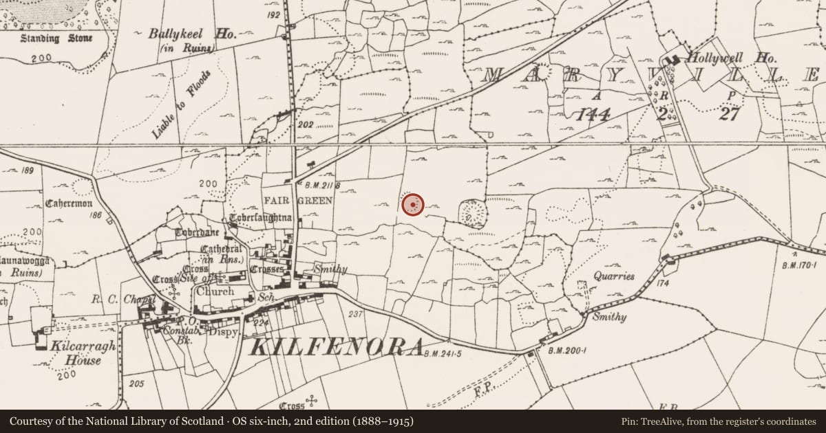 Ordnance Survey six-inch map, 2nd edition (1888–1915) covering the location of House - indeterminate date, Kilfenora, County Clare, with a pin at the register's coordinates