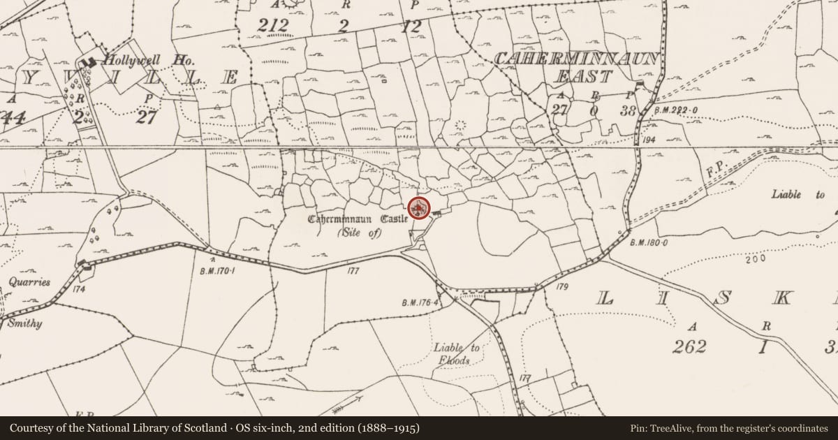Ordnance Survey six-inch map, 2nd edition (1888–1915) covering the location of Castle - unclassified, Caherminnaun West, County Clare, with a pin at the register's coordinates
