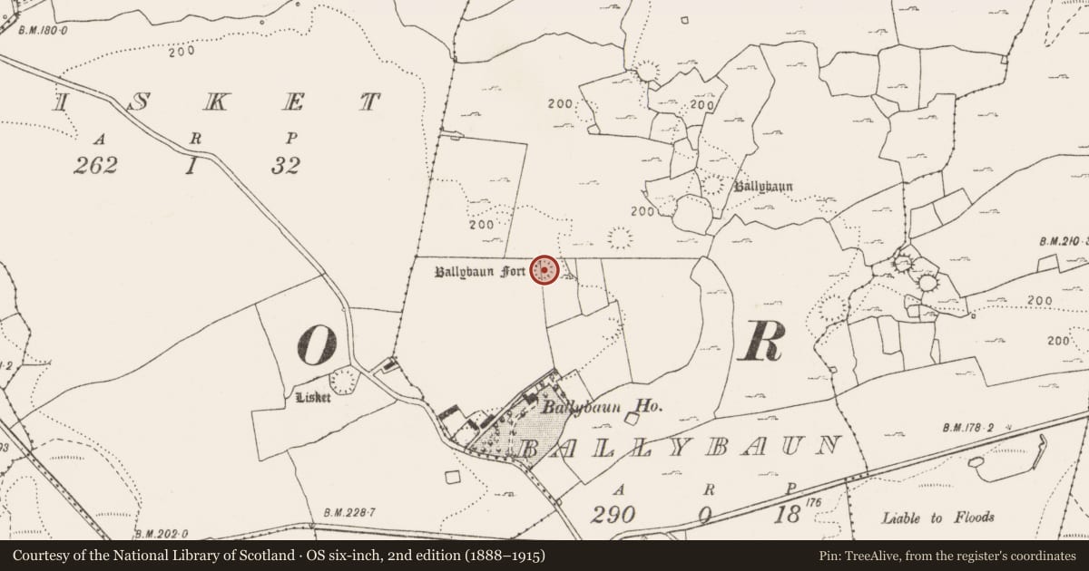 Ordnance Survey six-inch map, 2nd edition (1888–1915) covering the location of Enclosure, Ballybaun, County Clare, with a pin at the register's coordinates