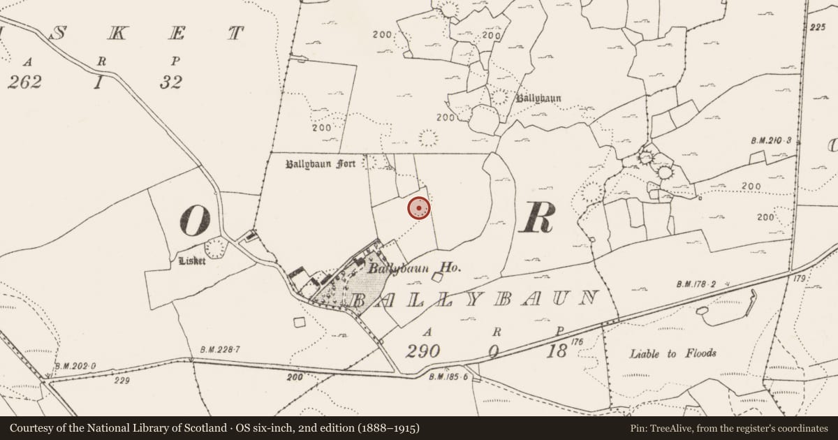 Ordnance Survey six-inch map, 2nd edition (1888–1915) covering the location of Enclosure, Ballybaun, County Clare, with a pin at the register's coordinates