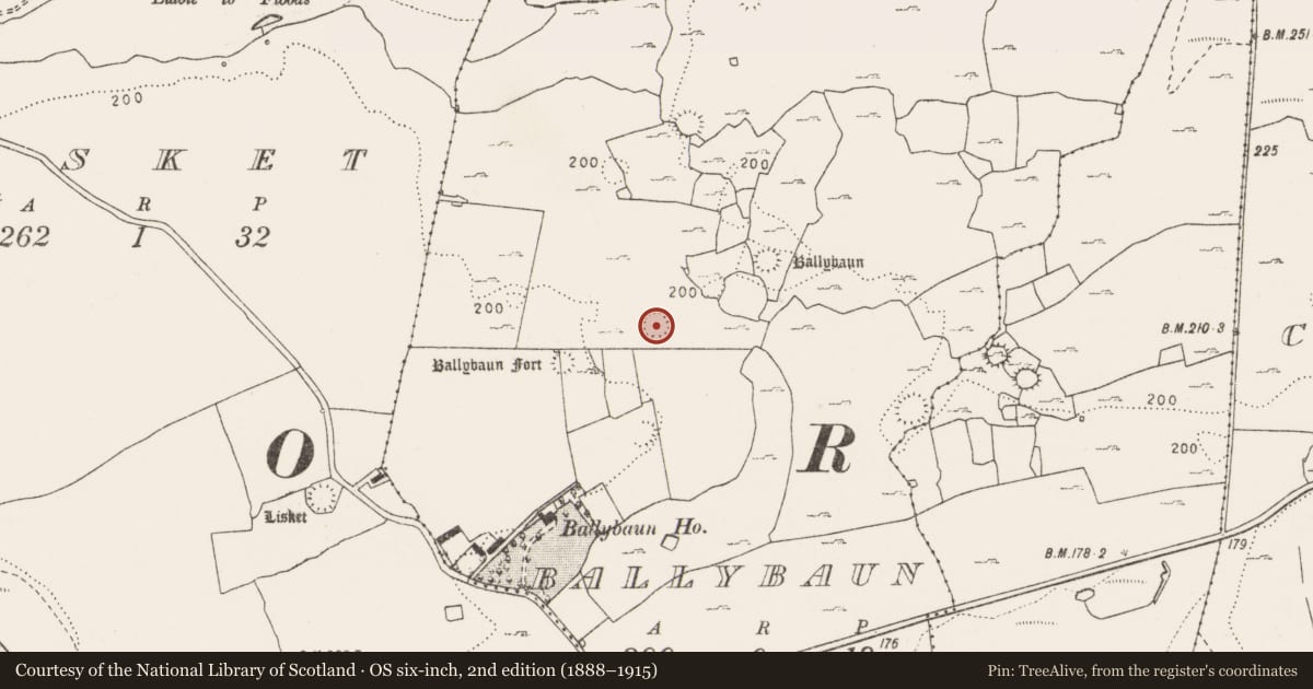Ordnance Survey six-inch map, 2nd edition (1888–1915) covering the location of Enclosure, Ballybaun, County Clare, with a pin at the register's coordinates