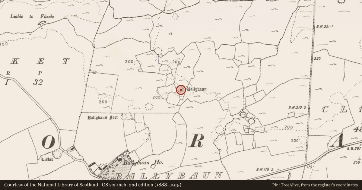 Ordnance Survey six-inch map, 2nd edition (1888–1915) covering the location of Enclosure, Ballybaun, County Clare, with a pin at the register's coordinates