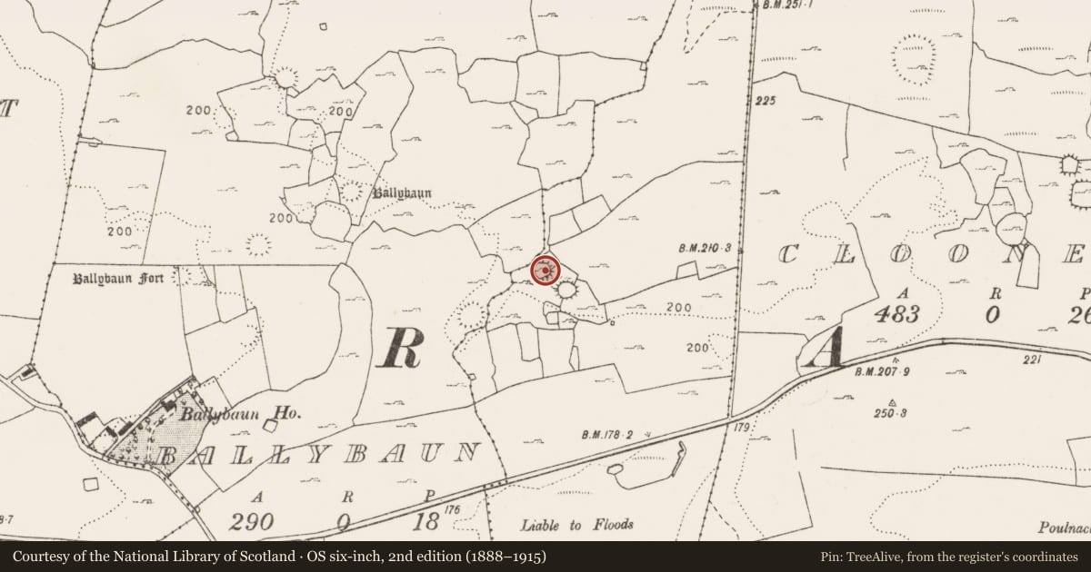Ordnance Survey six-inch map, 2nd edition (1888–1915) covering the location of Ringfort - cashel, Ballyclancahill, County Clare, with a pin at the register's coordinates