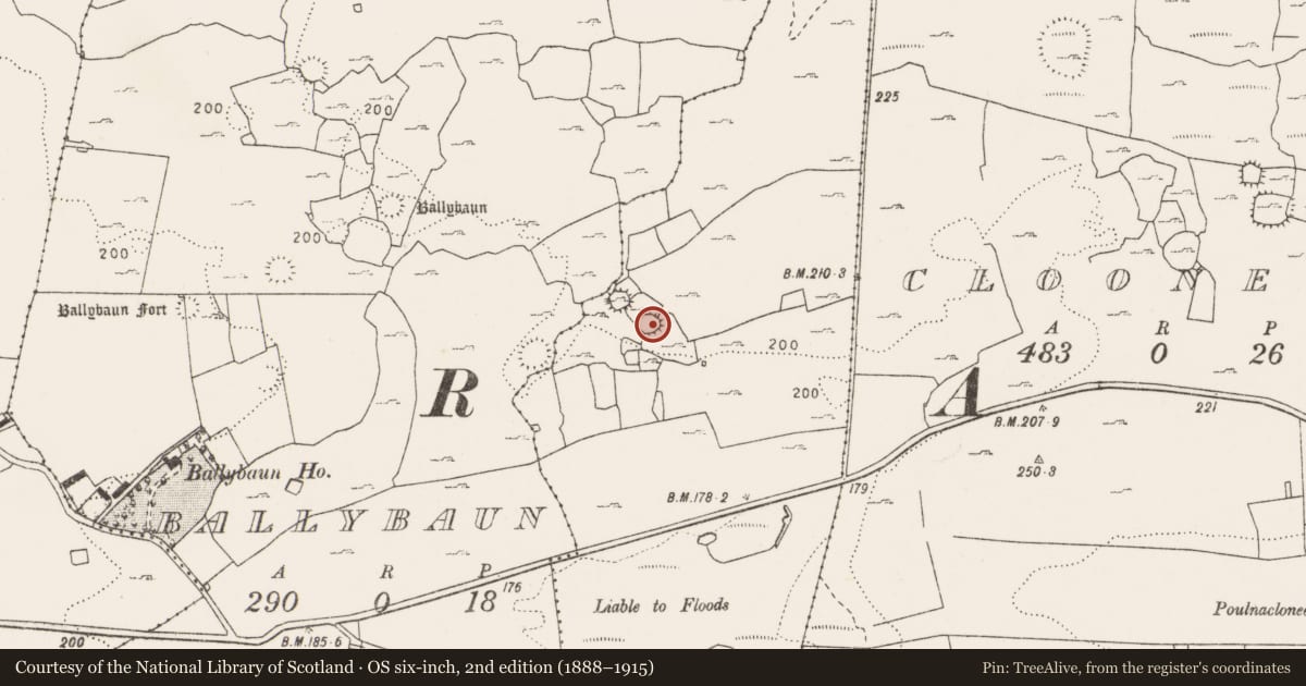 Ordnance Survey six-inch map, 2nd edition (1888–1915) covering the location of Ringfort - cashel, Ballyclancahill, County Clare, with a pin at the register's coordinates
