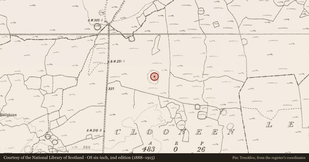 Ordnance Survey six-inch map, 2nd edition (1888–1915) covering the location of Ringfort - cashel, Clooneen, County Clare, with a pin at the register's coordinates