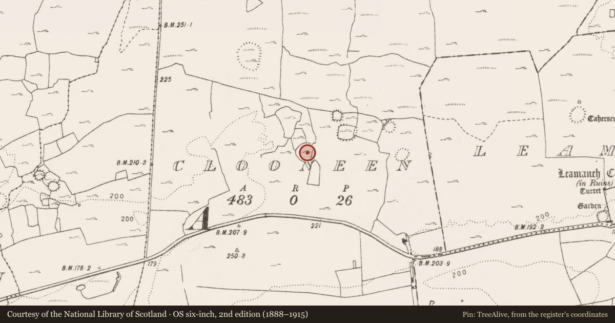 Ordnance Survey six-inch map, 2nd edition (1888–1915) covering the location of Enclosure, Clooneen, County Clare, with a pin at the register's coordinates