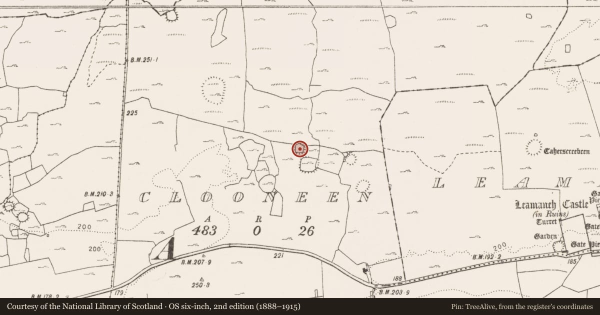 Ordnance Survey six-inch map, 2nd edition (1888–1915) covering the location of Enclosure, Clooneen, County Clare, with a pin at the register's coordinates