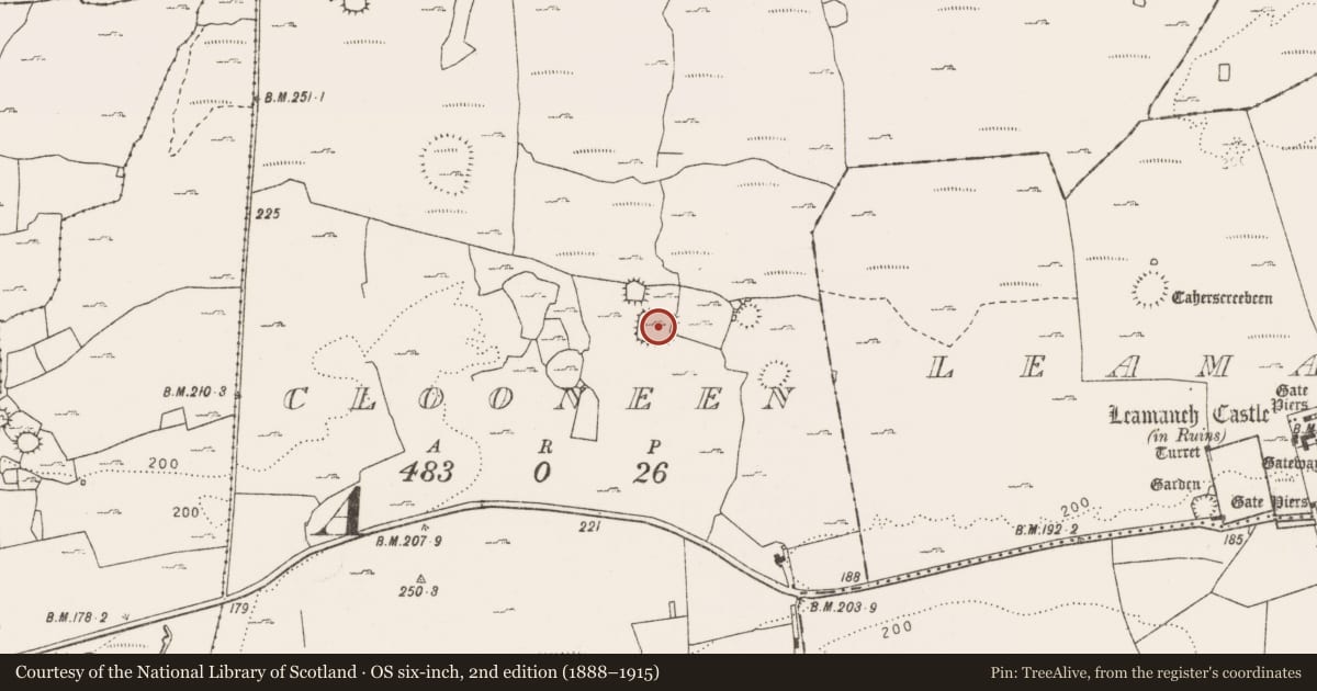 Ordnance Survey six-inch map, 2nd edition (1888–1915) covering the location of Ringfort - cashel, Clooneen, County Clare, with a pin at the register's coordinates