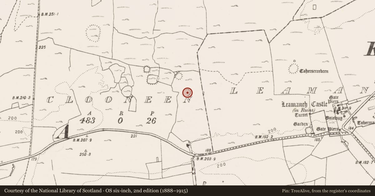 Ordnance Survey six-inch map, 2nd edition (1888–1915) covering the location of Ringfort - cashel, Clooneen, County Clare, with a pin at the register's coordinates