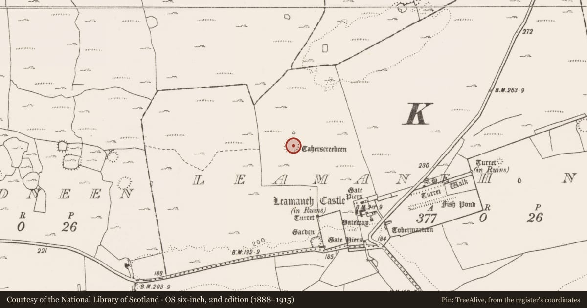 Ordnance Survey six-inch map, 2nd edition (1888–1915) covering the location of Ringfort - cashel, Leamaneh North, County Clare, with a pin at the register's coordinates