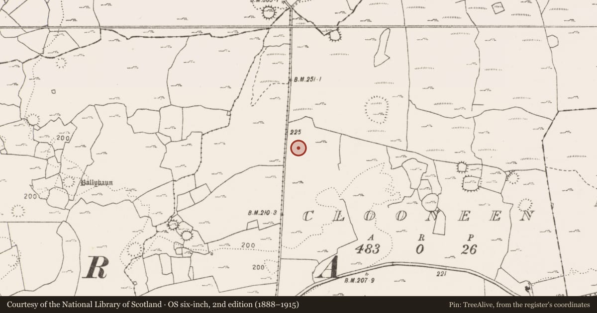 Ordnance Survey six-inch map, 2nd edition (1888–1915) covering the location of Cairn - unclassified, Clooneen, County Clare, with a pin at the register's coordinates