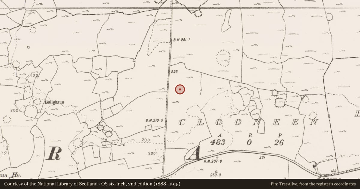 Ordnance Survey six-inch map, 2nd edition (1888–1915) covering the location of House - indeterminate date, Clooneen, County Clare, with a pin at the register's coordinates