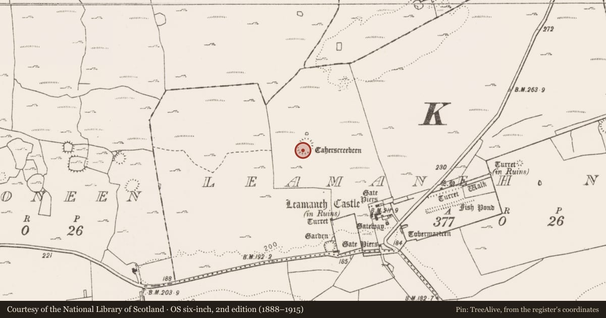 Ordnance Survey six-inch map, 2nd edition (1888–1915) covering the location of Souterrain, Leamaneh North, County Clare, with a pin at the register's coordinates