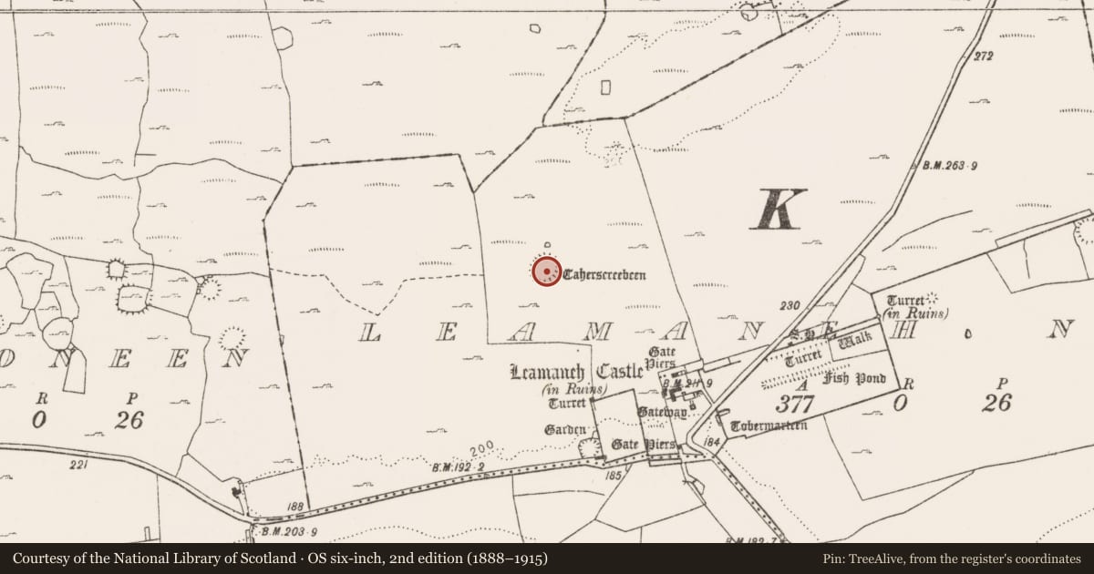 Ordnance Survey six-inch map, 2nd edition (1888–1915) covering the location of House - indeterminate date, Leamaneh North, County Clare, with a pin at the register's coordinates