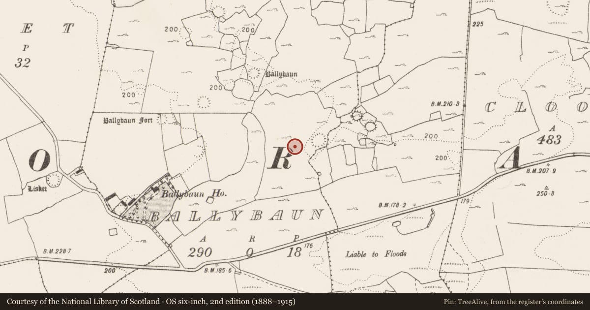 Ordnance Survey six-inch map, 2nd edition (1888–1915) covering the location of House - indeterminate date, Ballybaun, County Clare, with a pin at the register's coordinates