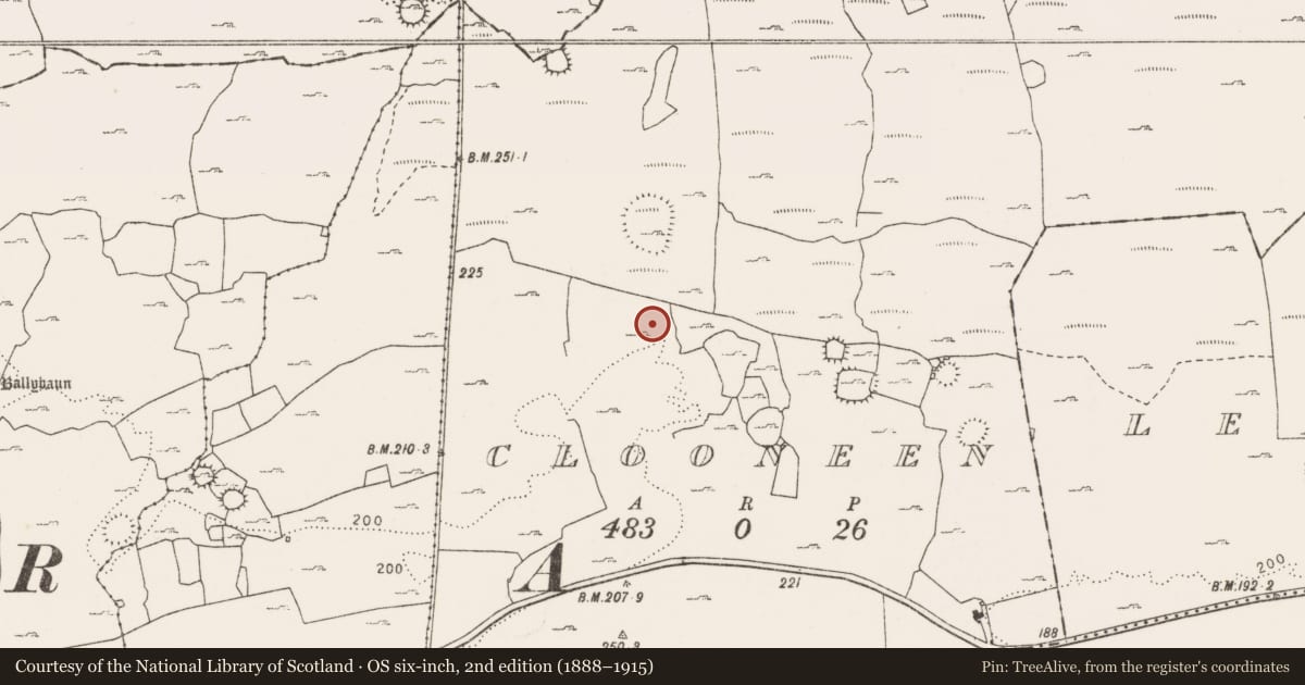 Ordnance Survey six-inch map, 2nd edition (1888–1915) covering the location of Enclosure, Clooneen, County Clare, with a pin at the register's coordinates