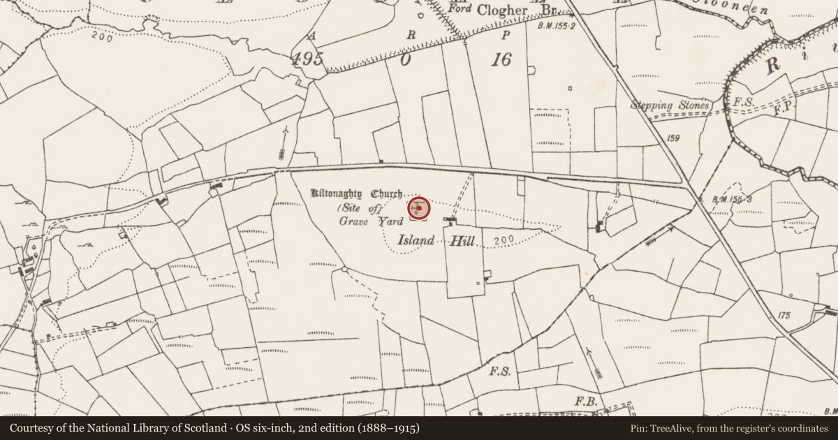 Ordnance Survey six-inch map, 2nd edition (1888–1915) covering the location of Ecclesiastical enclosure, Clogher, County Clare, with a pin at the register's coordinates