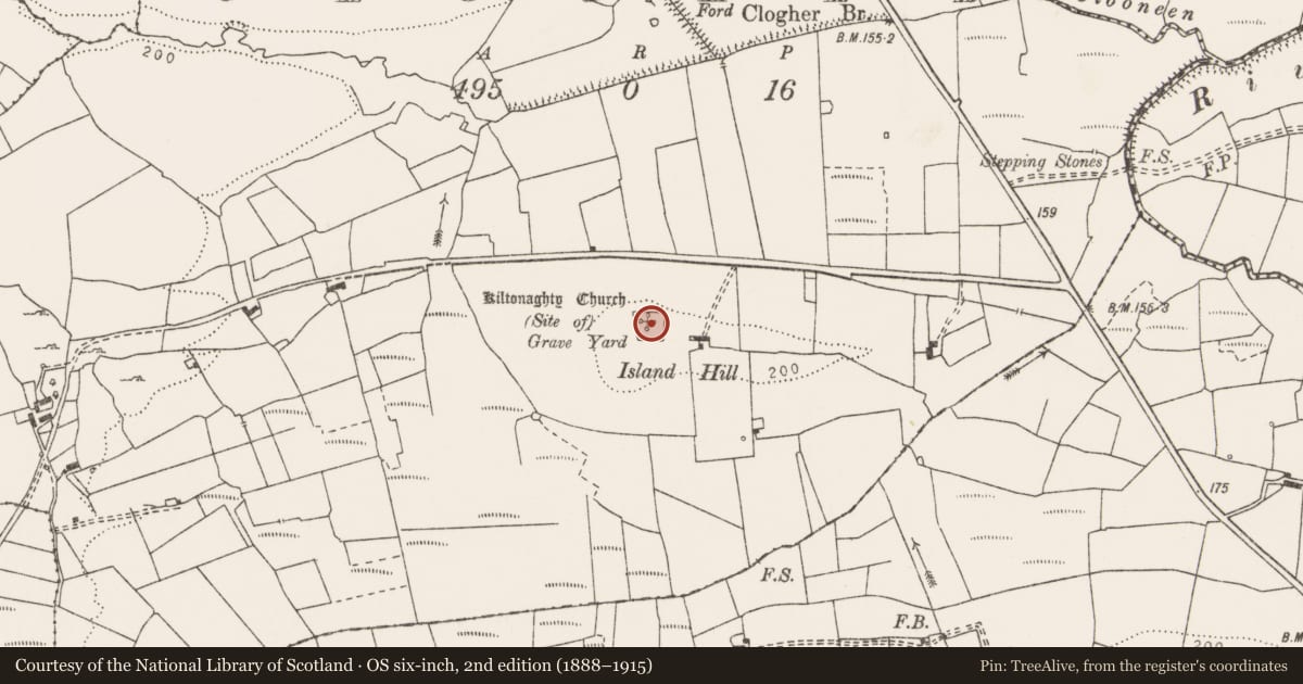 Ordnance Survey six-inch map, 2nd edition (1888–1915) covering the location of Church, Clogher, County Clare, with a pin at the register's coordinates