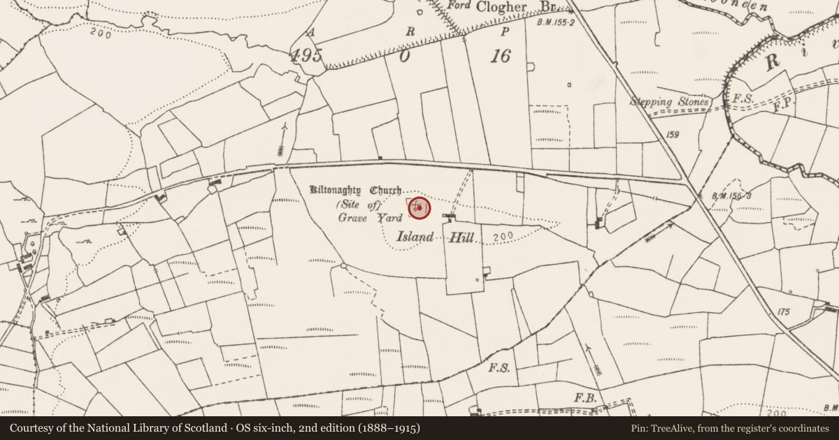 Ordnance Survey six-inch map, 2nd edition (1888–1915) covering the location of Graveyard, Clogher, County Clare, with a pin at the register's coordinates