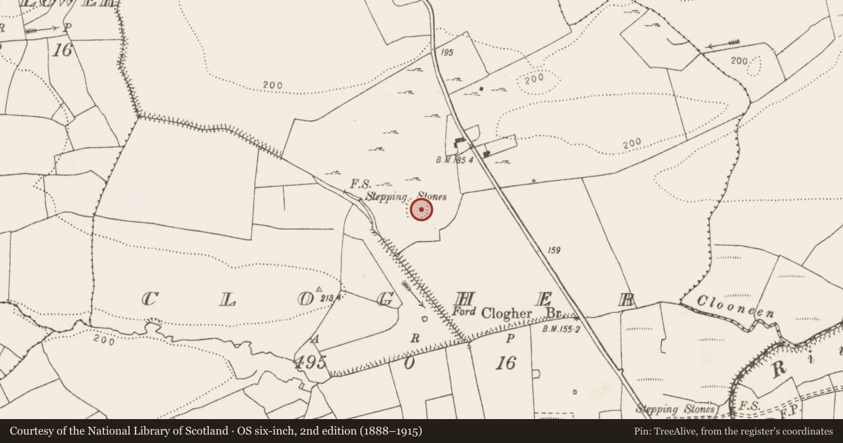 Ordnance Survey six-inch map, 2nd edition (1888–1915) covering the location of Enclosure, Clogher, County Clare, with a pin at the register's coordinates