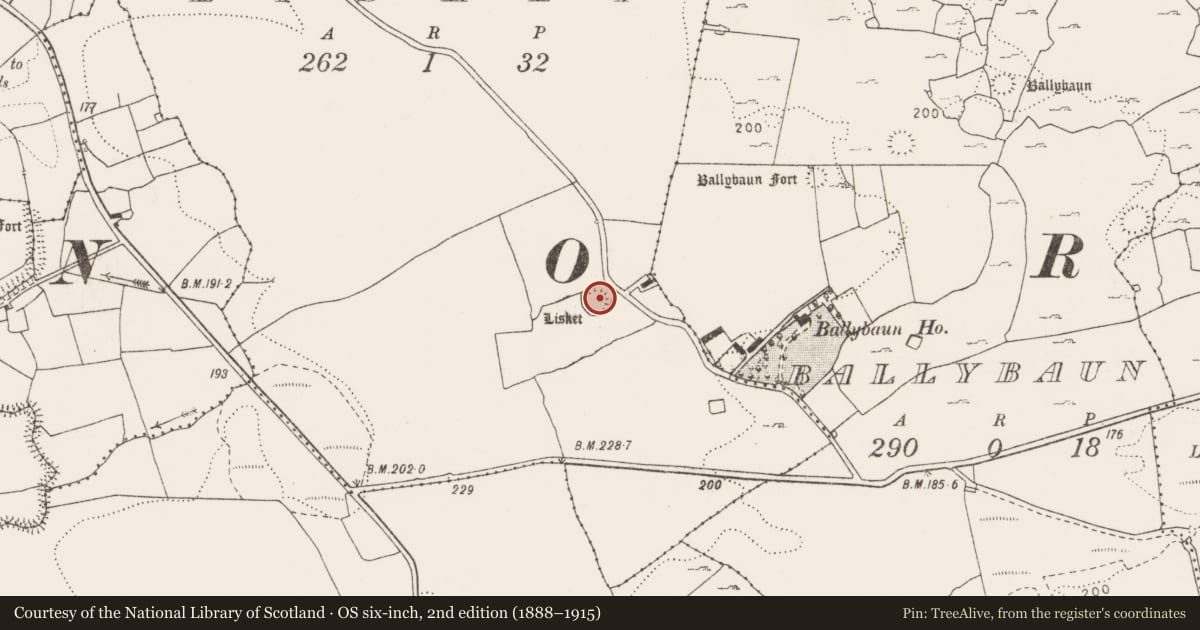 Ordnance Survey six-inch map, 2nd edition (1888–1915) covering the location of Ringfort - rath, Lisket, County Clare, with a pin at the register's coordinates