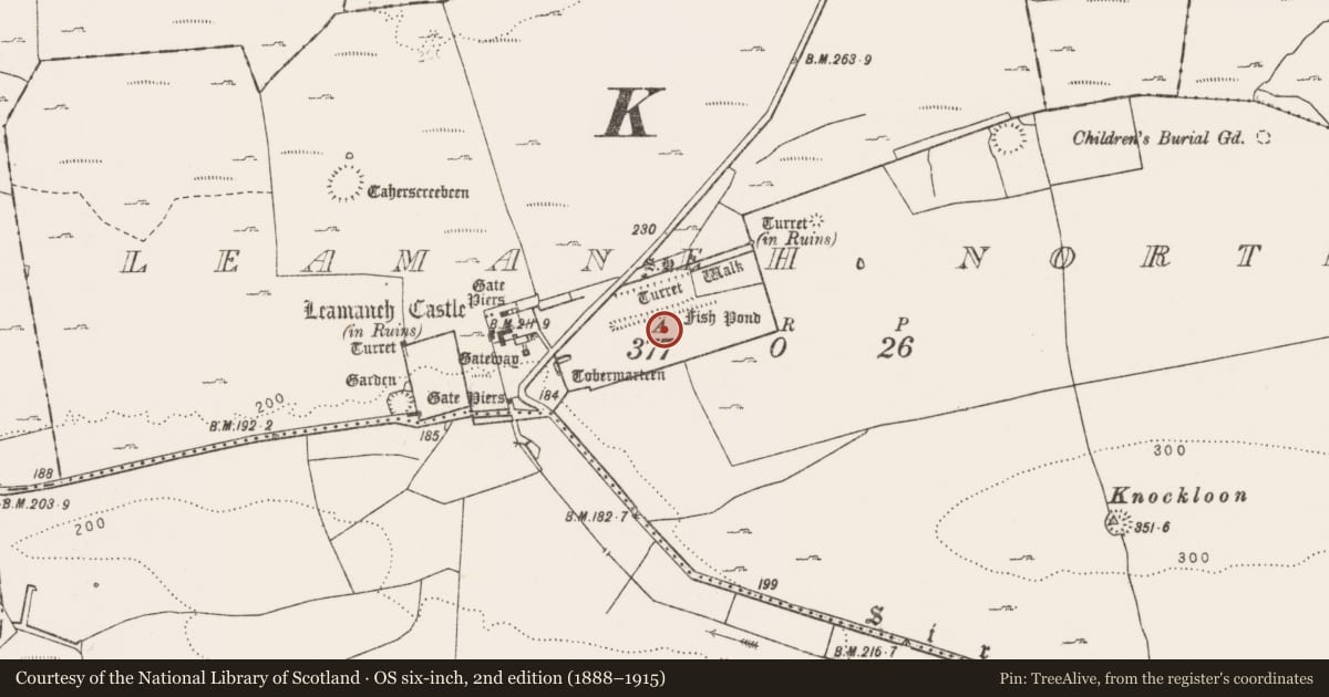 Ordnance Survey six-inch map, 2nd edition (1888–1915) covering the location of Walled garden, Leamaneh North, County Clare, with a pin at the register's coordinates