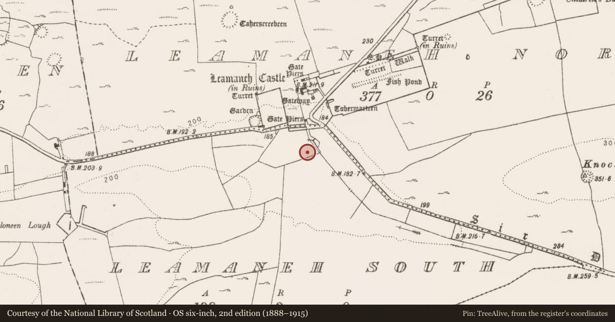 Ordnance Survey six-inch map, 2nd edition (1888–1915) covering the location of Enclosure, Leamaneh South, County Clare, with a pin at the register's coordinates