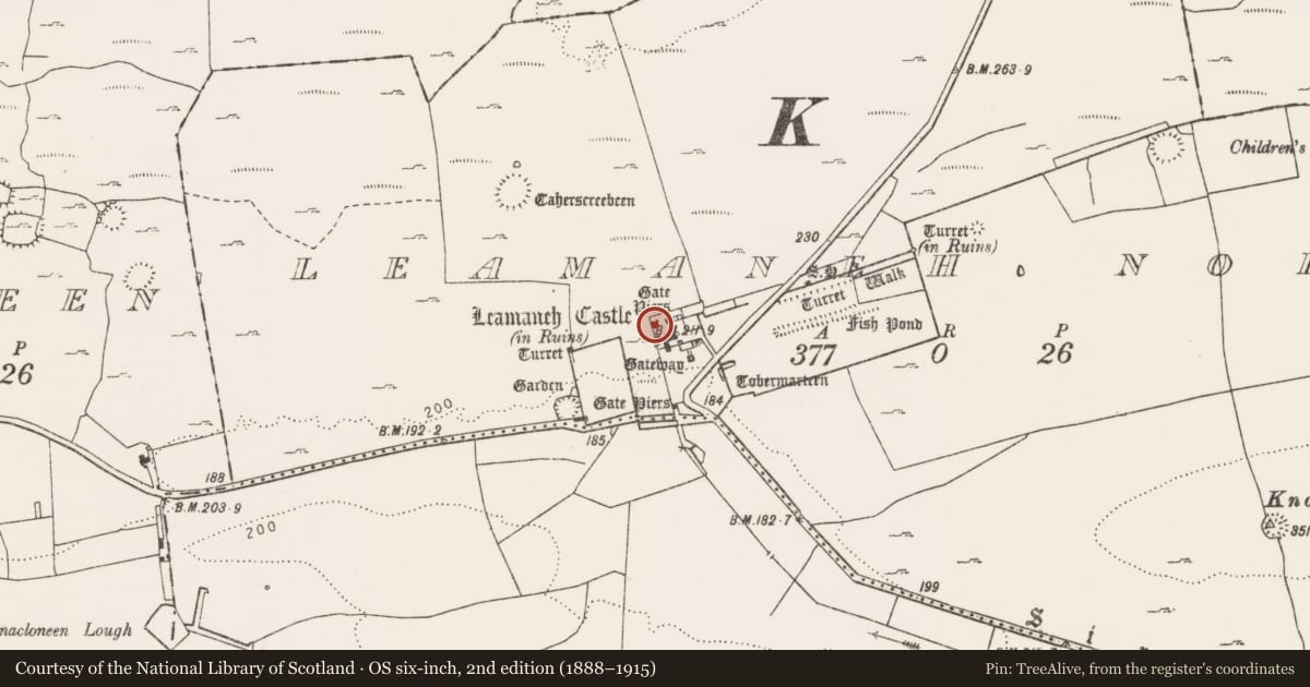 Ordnance Survey six-inch map, 2nd edition (1888–1915) covering the location of Gateway, Leamaneh North, County Clare, with a pin at the register's coordinates