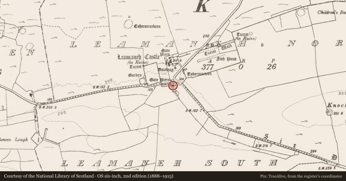 Ordnance Survey six-inch map, 2nd edition (1888–1915) covering the location of Gateway, Leamaneh South, County Clare, with a pin at the register's coordinates