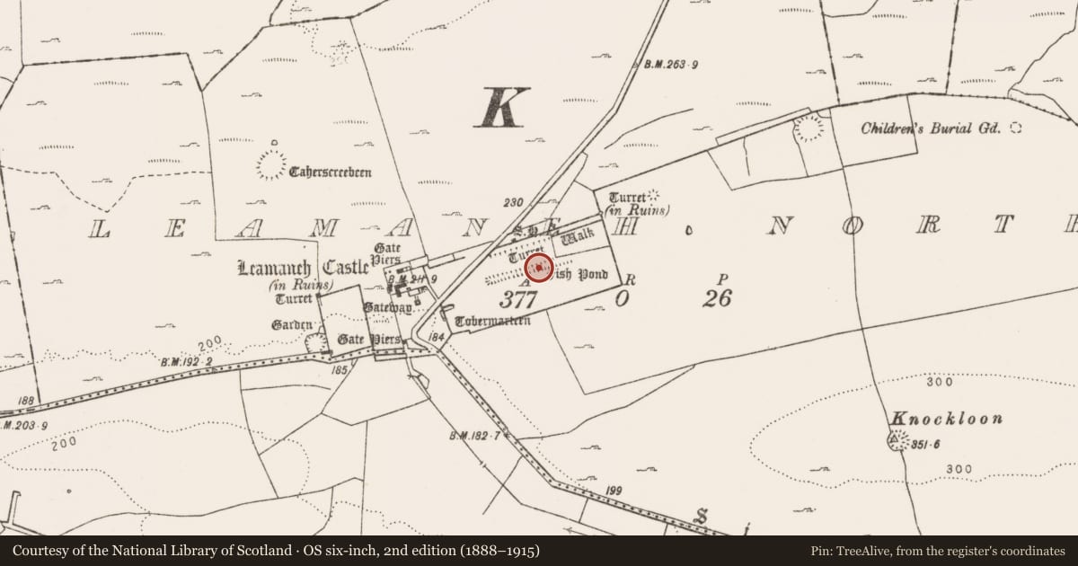 Ordnance Survey six-inch map, 2nd edition (1888–1915) covering the location of Fish-pond, Leamaneh North, County Clare, with a pin at the register's coordinates