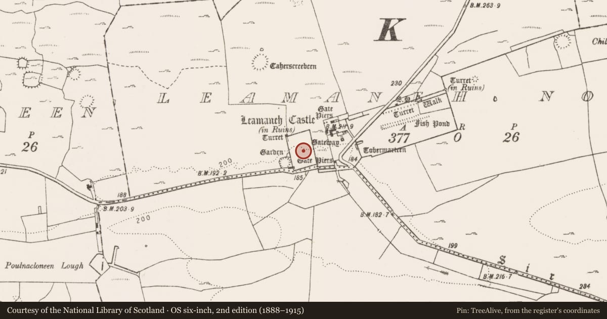Ordnance Survey six-inch map, 2nd edition (1888–1915) covering the location of Walled garden, Leamaneh North, County Clare, with a pin at the register's coordinates