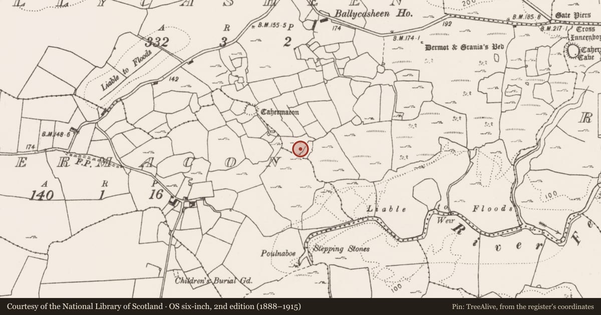 Ordnance Survey six-inch map, 2nd edition (1888–1915) covering the location of Enclosure, Ballycasheen, County Clare, with a pin at the register's coordinates