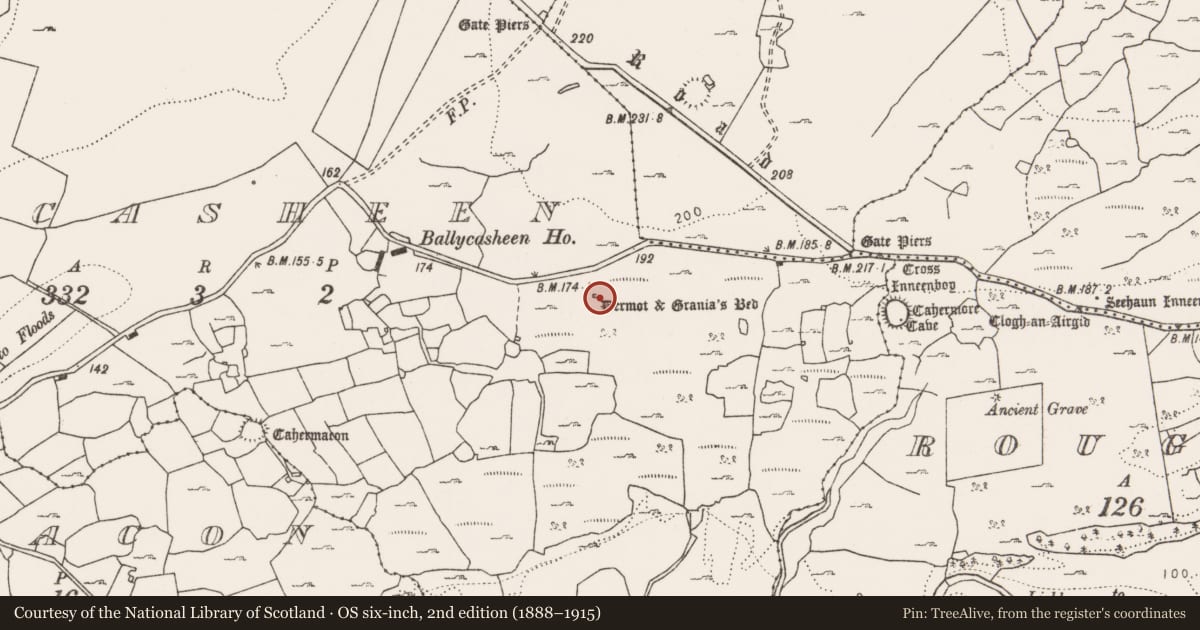 Ordnance Survey six-inch map, 2nd edition (1888–1915) covering the location of Megalithic tomb - portal tomb, Ballycasheen, County Clare, with a pin at the register's coordinates