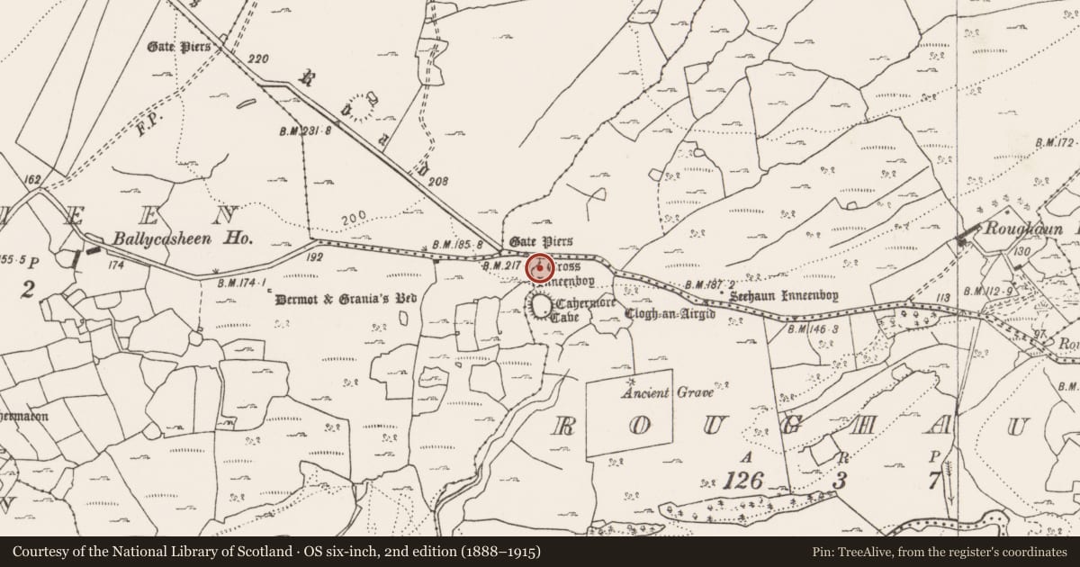 Ordnance Survey six-inch map, 2nd edition (1888–1915) covering the location of Cross - Tau cross, Roughaun, County Clare, with a pin at the register's coordinates